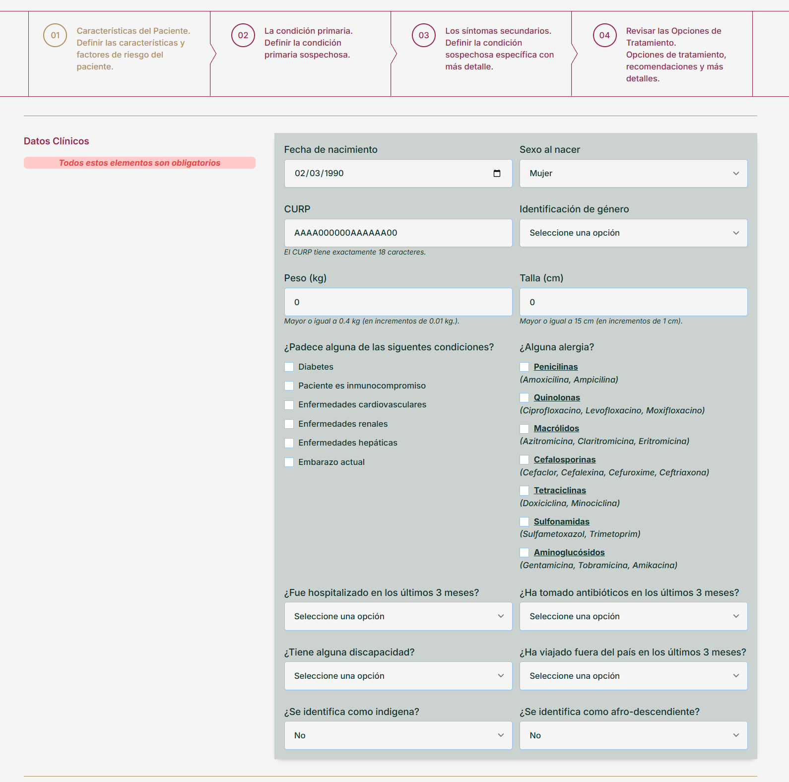 Required patient data.